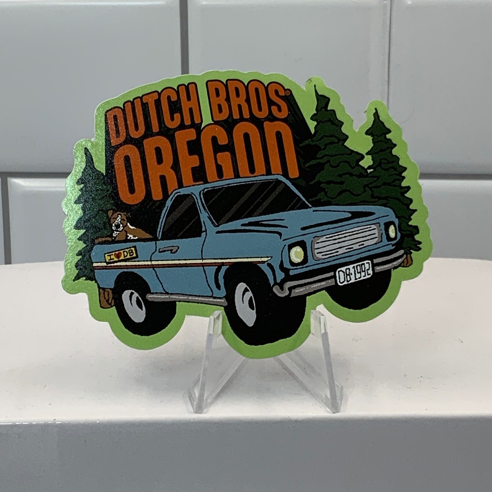 Dutch Bros Coffee Oregon Sticker Blue Pickup‎ Truck Dog Pine Trees Decal DB-1992